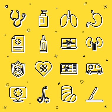 Set line Medical surgery scalpel Emergency car Human kidneys Lungs Ointment cream tube medicine Clinical record Stethoscope and Laptop with cardiogram icon. Vector.