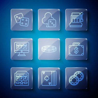 Set line Slot machine with jackpot Deck of playing cards Casino chips Online slot Game dice and Briefcase and money icon. Vector.