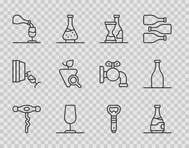 Set line Wine corkscrew Bottle of wine glass tasting degustation Grapes opener and icon. Vector.