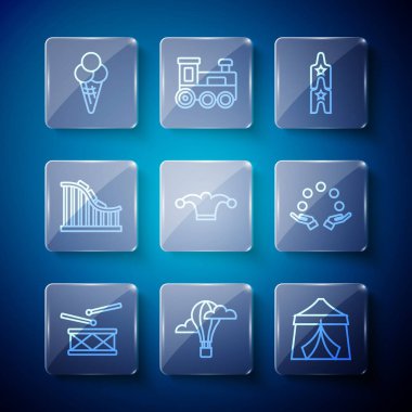 Set line Drum with drum sticks Hot air balloon Circus tent ticket Jester hat bells Roller coaster Ice cream in waffle cone and Juggling icon. Vector.