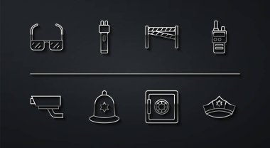 Set line Safety goggle glasses Security camera Walkie talkie British police helmet Police electric shocker cap with cockade and Crime scene icon. Vector.