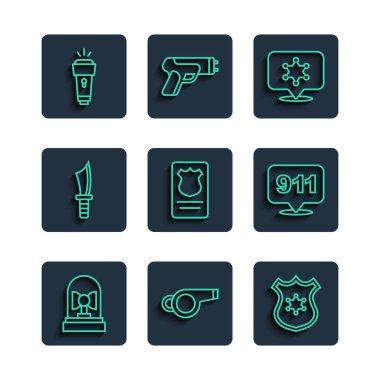 Set line Flasher siren Whistle Police badge Hexagram sheriff with id case Military knife Flashlight and Telephone call 911 icon. Vector.