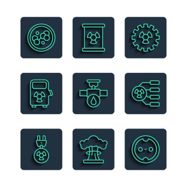 Set line Radiation electrical plug Nuclear explosion Electrical outlet Radioactive Industry pipe and valve car charging station Molecule and icon. Vector.