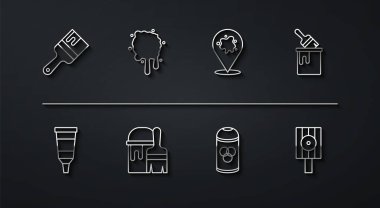 Set line Paint brush Tube with paint palette bucket spray can Spray nozzle cap and icon. Vector.