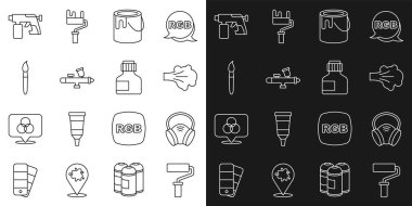 Set line Paint roller brush Gas mask spray bucket gun and Paint gouache jar dye icon. Vector.