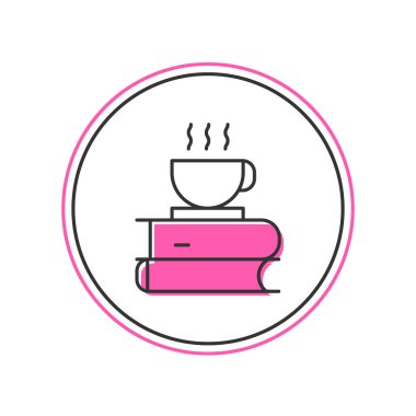 Ana hatlarıyla doldurulmuş kahve fincanı ve kitap ikonu beyaz arka planda izole edilmiş. Çay fincanı. Sıcak içecek kahvesi. Vektör