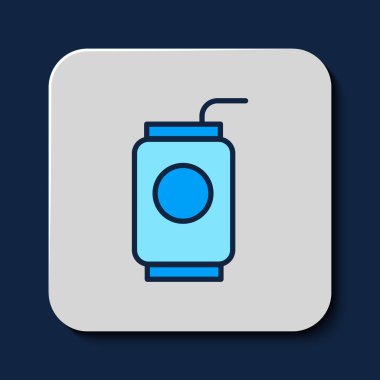 Filled outline Soda can with drinking straw icon isolated on blue background.  Vector