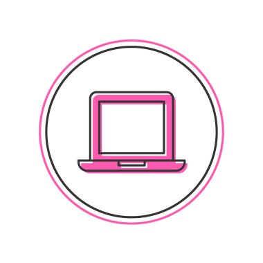 Doldurulmuş dizüstü bilgisayar simgesi beyaz arkaplanda izole edildi. Boş ekran işaretli bilgisayar defteri. Vektör