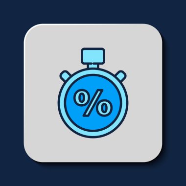 Filled outline Stopwatch and percent icon isolated on blue background. Time timer sign.  Vector