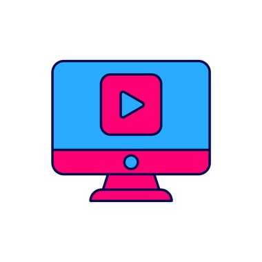 Filled outline Online play video icon isolated on white background. Computer monitor and film strip with play sign.  Vector