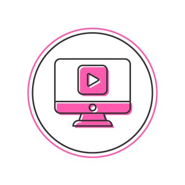 Filled outline Online play video icon isolated on white background. Computer monitor and film strip with play sign.  Vector
