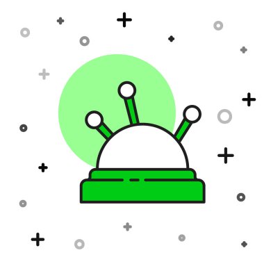 Beyaz arka planda izole edilmiş iğne ve iğne ikonu ana hatlarıyla doldurulmuş. El yapımı ve dikiş teması. Vektör