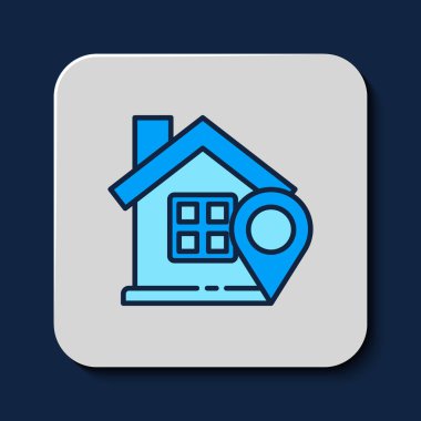 Mavi arkaplanda izole edilmiş ev simgesi ile ana hatlı harita işaretleyicisi dolduruldu. Ev konumu belirleyici sembol. Vektör