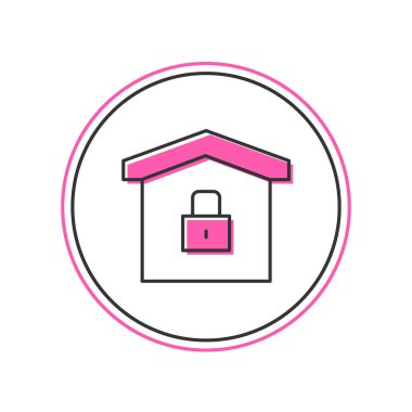 Beyaz arka planda izole edilmiş koruma simgesi altında ana hatları doldurulmuş ev. Eve git ve kilitle. Koruma, güvenlik, güvenlik, koruma, savunma konsepti. Vektör