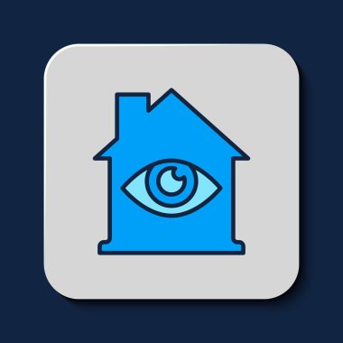 Filled outline House with eye scan icon isolated on blue background. Scanning eye. Security check symbol. Cyber eye sign.  Vector