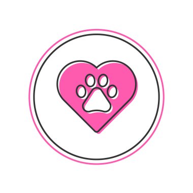 Filled outline Heart with animals footprint icon isolated on white background. Pet paw in heart. Love to the animals.  Vector