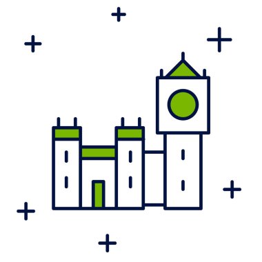 Ana hatları doldurulmuş Big Ben kulesi simgesi beyaz arkaplanda izole edilmiş. Londra ve İngiltere 'nin sembolü. Vektör