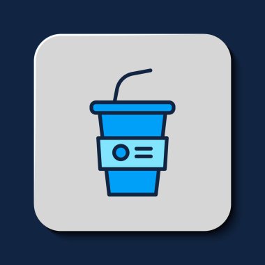 Kağıt bardakla doldurulmuş, mavi arka planda izole edilmiş saman ve su ikonu var. Soda bardağı. Taze soğuk içecek sembolü. Vektör