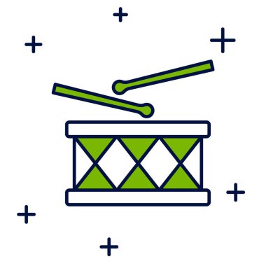 Doldurulmuş müzik aleti davul ve but çubukları simgesi beyaz arkaplanda izole edilmiş. Vektör