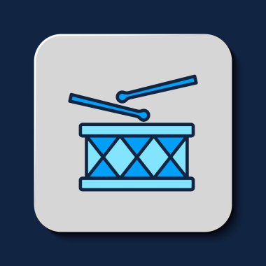 Filled outline Musical instrument drum and drum sticks icon isolated on blue background.  Vector
