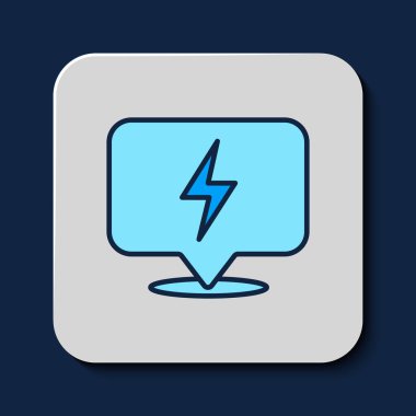 Filled outline Lightning bolt icon isolated on blue background. Flash icon. Charge flash icon. Thunder bolt. Lighting strike. Vector.