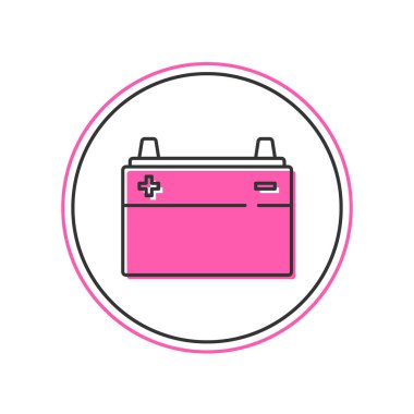 Doldurulmuş araba aküsü simgesi beyaz arka planda izole edilmiş. Akümülatör bataryası enerji ve elektrik akümülatörü bataryası. Vektör.