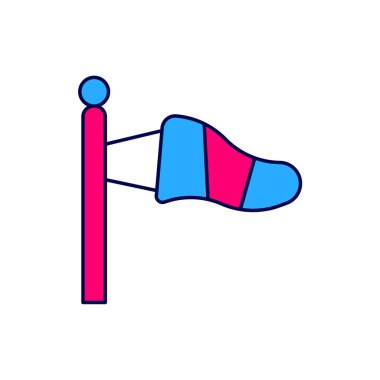 Ana hatlarıyla doldurulmuş koni meteorolojisi rüzgar gülü ikonu beyaz arka planda izole edilmiş. Rüzgâr Sock rüzgarın yönünü ve gücünü gösteriyor. Vektör.