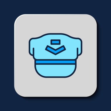 Filled outline Pilot hat icon isolated on blue background. Vector.