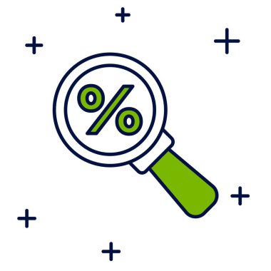 Filled outline Magnifying glass with percent icon isolated on white background. Discount offers searching. Search for discount sale sign. Vector.