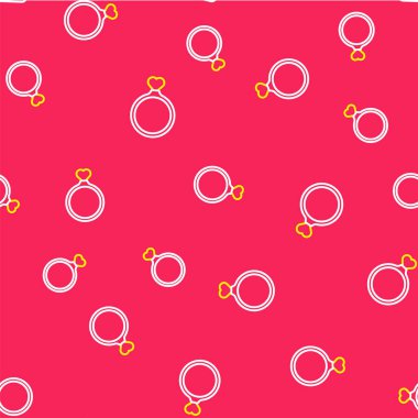 Çizgi alyans simgesi kırmızı arkaplanda izole edilmiş kusursuz desen. Gelin ve damat mücevher tabelası. Evlilik sembolü. Elmas yüzük. Vektör