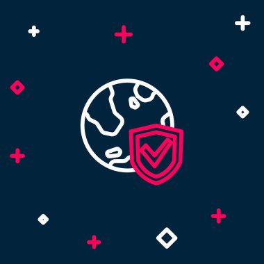 Line Shield with world globe icon isolated on blue background. Insurance concept. Security, safety, protection, privacy concept. Colorful outline concept. Vector