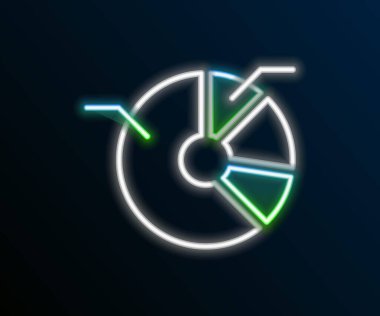 Parlayan neon hattı pasta grafiği bilgi simgesi siyah arkaplanda izole edildi. Diyagram çizelgesi. Renkli taslak konsepti. Vektör