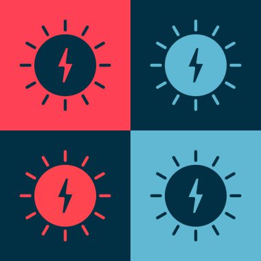 Pop Art Solar Enerji Paneli simgesi renk arkaplanında izole edildi. Yıldırım sembollü güneş. Vektör