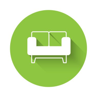White Sofa icon isolated with long shadow background. Green circle button. Vector