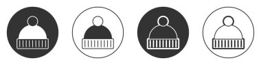Black Beanie hat icon isolated on white background. Circle button. Vector
