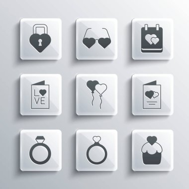 Set Wedding rings, cake, Valentines day flyer, Balloons form of heart, party, Castle the shape and Calendar with icon. Vector