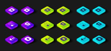 Set Bottle with love potion, Heart, Envelope Valentine heart, speech bubble, Shopping bag and Calendar icon. Vector