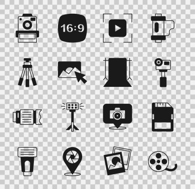 Set Film reel, SD card, Action extreme camera, Camera focus frame line, Photo retouching, Tripod,  and Empty photo studio icon. Vector
