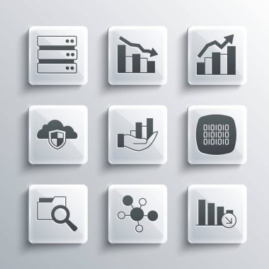 Set Mind map infographic, Financial growth decrease, Binary code, Pie chart, Search with folder, Cloud and shield, Server and  icon. Vector