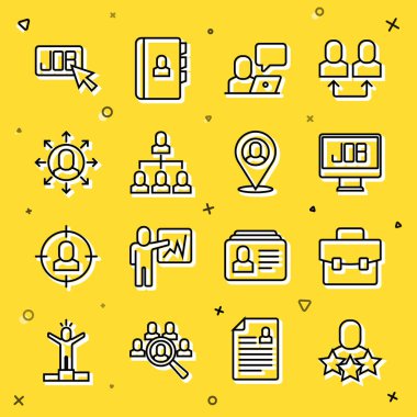 Set line Productive human, Briefcase, Search job, Freelancer, Employee hierarchy, Multitasking manager working,  and Worker location icon. Vector