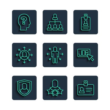 Set line User protection, Productive human, Identification badge, Multitasking manager working, Worker and Search job icon. Vector