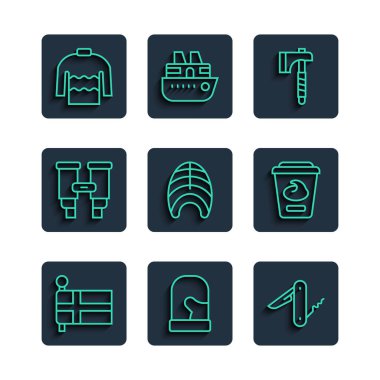 Set line Flag of Iceland, Christmas mittens, Swiss army knife, Wooden axe, Fish steak, Binoculars, Sweater and Yogurt container icon. Vector