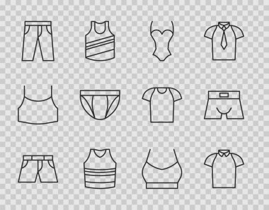 Set line Short or pants, Polo shirt, Swimsuit, Undershirt, Pants, Men underpants, Female crop top and  icon. Vector