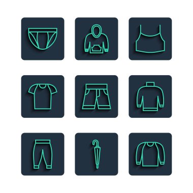 Set line Pants, Umbrella, Sweater, Female crop top, Short or pants, T-shirt, Men underpants and  icon. Vector