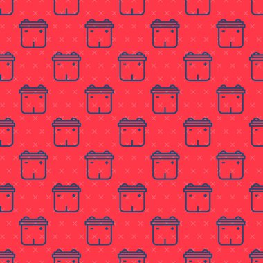 Mavi çizgili araba akü ikonu kırmızı arka planda izole edilmiş. Akümülatör bataryası enerji ve elektrik akümülatörü bataryası. Vektör