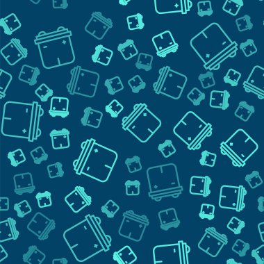 Yeşil çizgili araba aküsü ikonu mavi arka planda izole edilmiş. Akümülatör bataryası enerji ve elektrik akümülatörü bataryası. Vektör