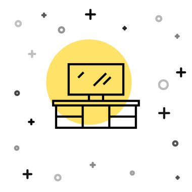 Siyah çizgi televizyon masası simgesi beyaz arkaplanda izole edildi. Rastgele dinamik şekiller. Vektör