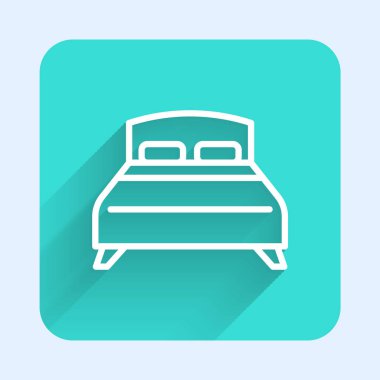 White line Big bed for two or one person icon isolated with long shadow background. Green square button. Vector