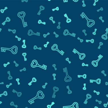 Green line Key in heart shape icon isolated seamless pattern on blue background. Happy Valentines day.  Vector