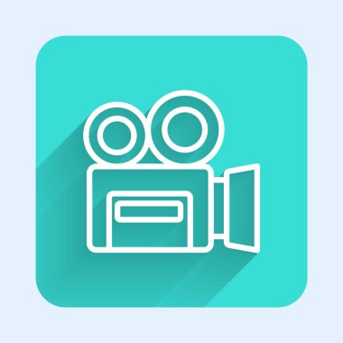 White line Retro cinema camera icon isolated with long shadow background. Video camera. Movie sign. Film projector. Green square button. Vector